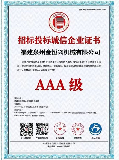 Κίνα Fujian Quanzhou Jinhengxing Machinery Co., Ltd Πιστοποιήσεις